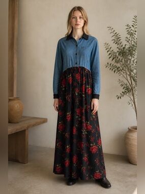 Vintage - True Blue- Denim Top with Red Floral Skirt Dress- Black Velvet Trim